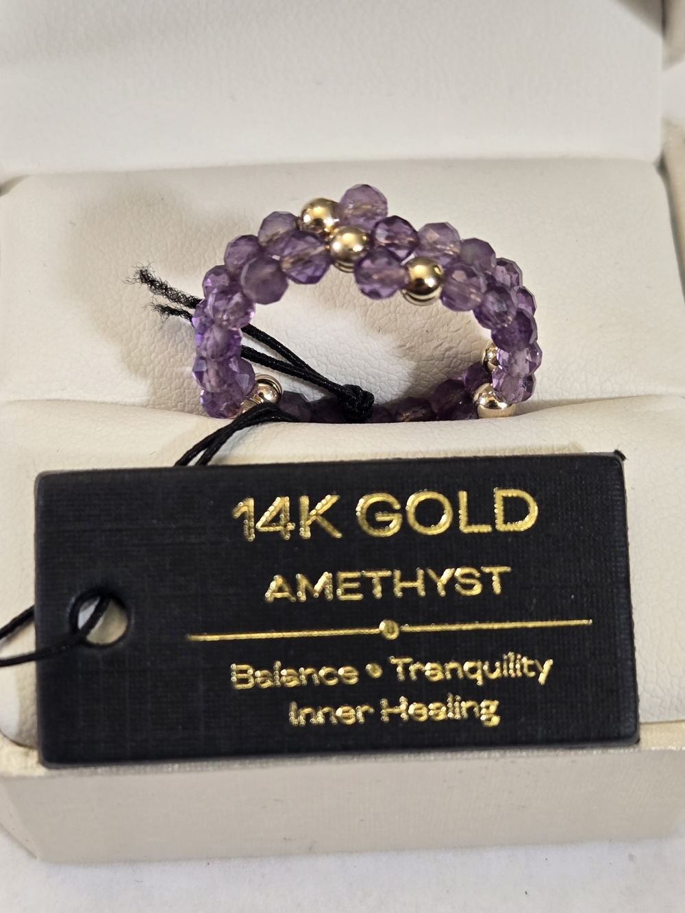14kt Solid Yellow Gold Semiprecious Amethyst Beaded Ring